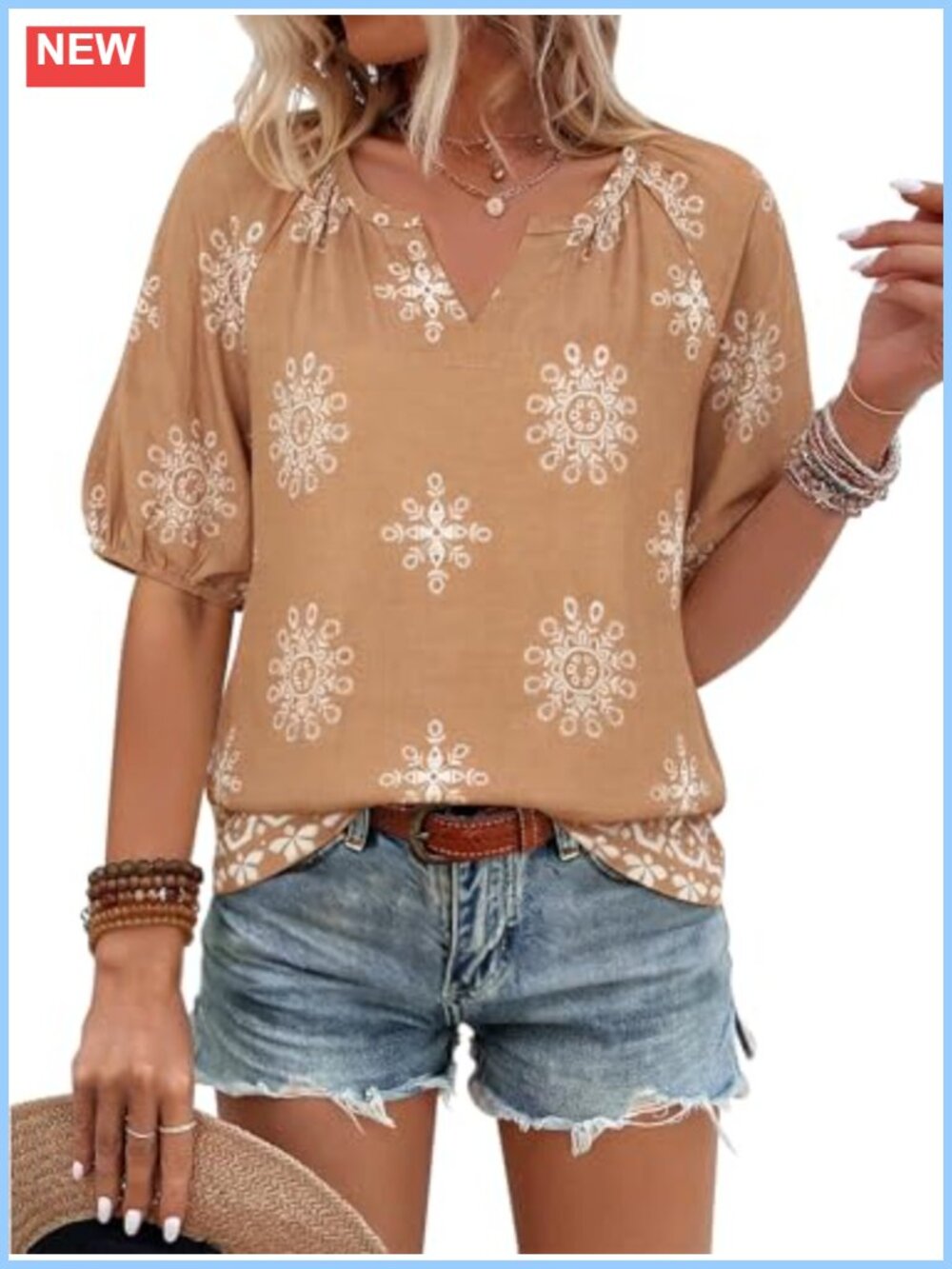 Women's Boho Floral Blouse Short Sleeve V-Neck Rayon Nylon Top